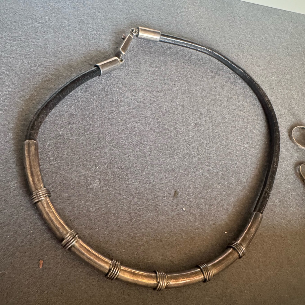 TAXCO Black Leather and Antique Silver Tube Necklace